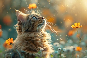 Feline staring at the sun amidst a colorful flower meadow.