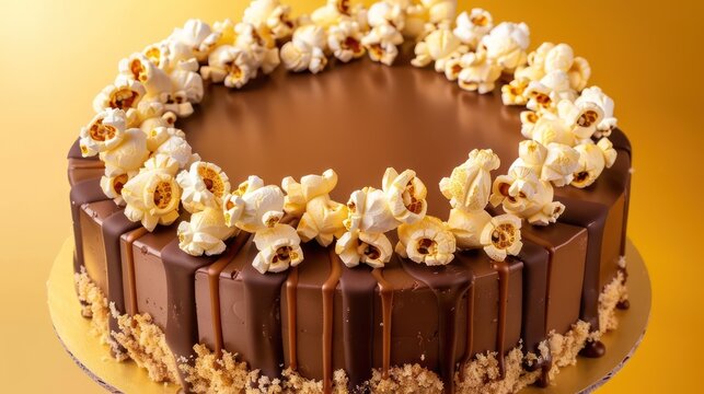 playful chocolate popcorn cake with caramel drizzle and real popcorn on a golden yellow background, perfect for movie-themed parties