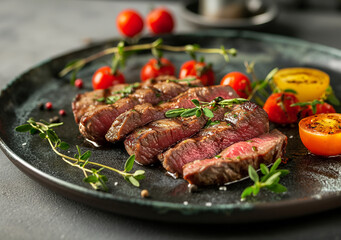 Sticker - A succulent sliced steak garnished with herbs is served with grilled cherry tomatoes on a dark plate.
