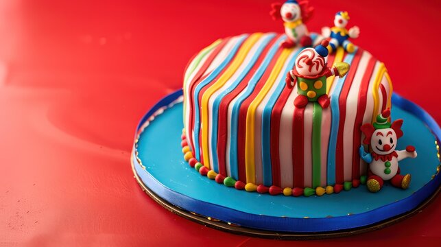 playful circus-themed cake with colorful stripes and edible clown figures on a bright red background, perfect for festive text