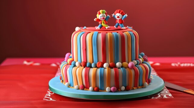 playful circus-themed cake with colorful stripes and edible clown figures on a bright red background, perfect for festive text