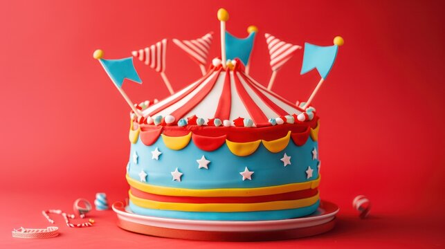 playful circus tent cake with edible flags and stripes on a bright red background, vibrant and fun for festive text