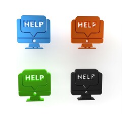 Poster - Colorful Computer monitor and help icon isolated on white background. Adjusting, service, setting, maintenance, repair, fixing. Minimalism concept. 3D render illustration