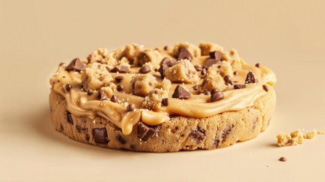 playful cookie dough cake with chunks of cookie on a soft tan background, fun and inviting for playful text