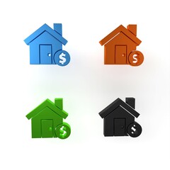 Wall Mural - Colorful House with dollar symbol icon isolated on white background. Home and money. Real estate concept. Minimalism concept. 3D render illustration