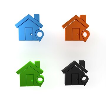 Colorful Map pointer with house icon isolated on white background. Home location marker symbol. Minimalism concept. 3D render illustration
