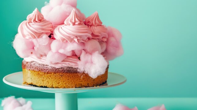playful cotton candy cake with fluffy pink frosting on a bright aqua background, fun and inviting for text