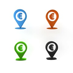 Poster - Colorful Cash location pin icon isolated on white background. Pointer and euro symbol. Money location. Business and investment concept. Minimalism concept. 3D render illustration