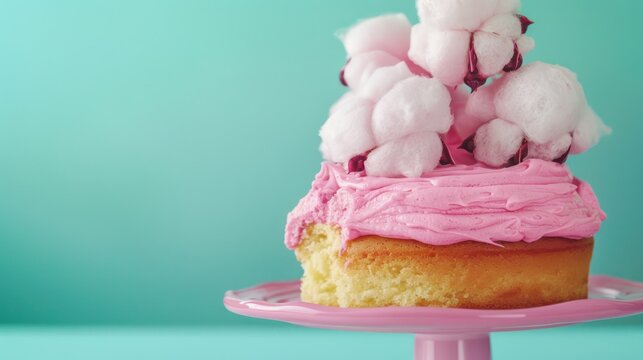 playful cotton candy cake with fluffy pink frosting on a bright aqua background, fun and inviting for text