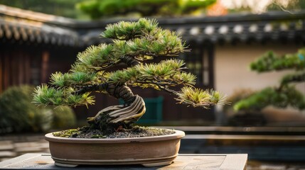 Wall Mural - A serene bonsai tree captured in natural light, showcasing intricate details and harmony with the tranquil garden setting.