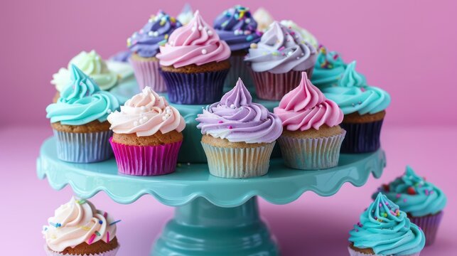 playful cupcake bouquet cake with assorted cupcakes and colorful frosting on a pastel background, vibrant and fun for cheerful events