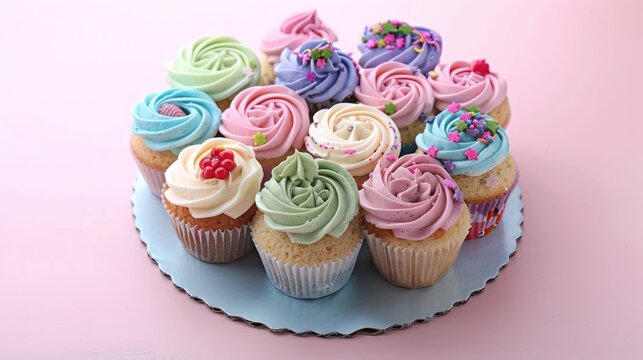 playful cupcake bouquet cake with assorted cupcakes and colorful frosting on a pastel background, vibrant and fun for cheerful events