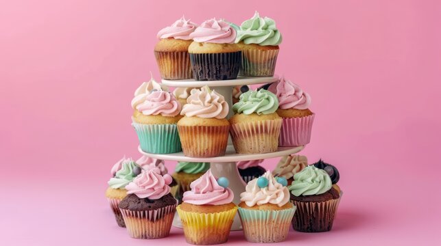 playful cupcake bouquet cake with assorted cupcakes on a pastel background, vibrant and fun for cheerful text