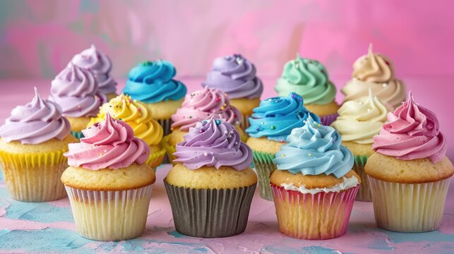 playful cupcake bouquet cake with assorted cupcakes and colorful frosting on a pastel background, vibrant and fun for cheerful events