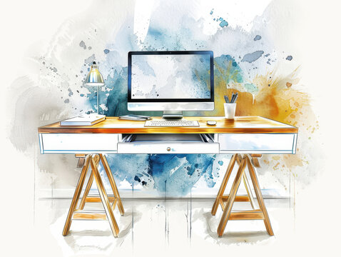 Modern minimalist workspace with computer, desk, and artistic watercolor strokes in background. Ideal for design, productivity, and inspiration concepts.