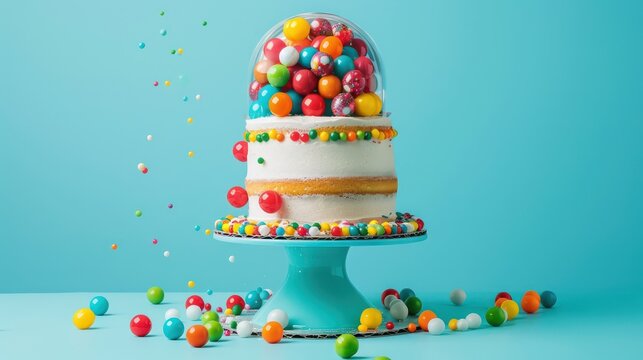 playful gumball machine cake with cascading gumballs on a bright cyan background, fun and inviting for text