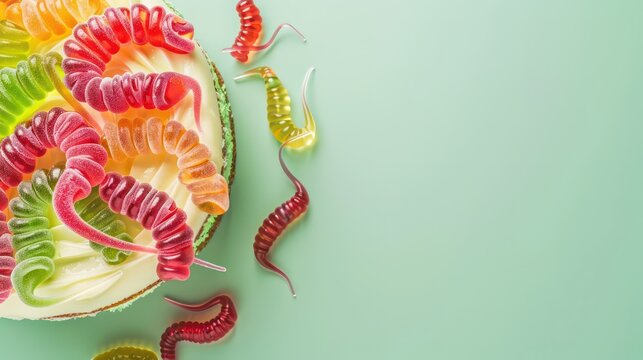 playful gummy worm cake with colorful candy worms on a light green background, fun and vibrant for cheerful text