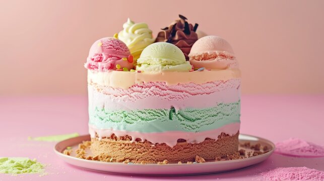 playful ice cream cake with layers of different flavors on a pastel background, fun and inviting for celebratory text
