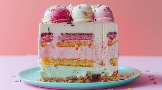 playful ice cream cake with layers of different flavors on a pastel background, fun and inviting for celebratory text