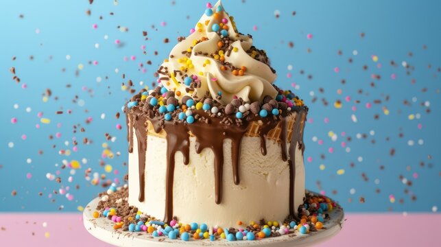 playful ice cream cone cake with dripping chocolate and sprinkles on a bright vanilla background, fun and inviting for cheerful text
