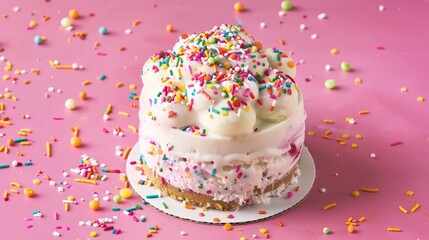Aufkleber - playful ice cream sundae cake with colorful sprinkles on a hot pink background, fun and inviting for cheerful text