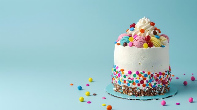 playful ice cream sundae cake with colorful toppings on a light blue background, vibrant and fun for cheerful text