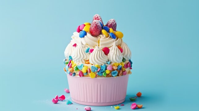 playful ice cream sundae cake with colorful toppings on a light blue background, vibrant and fun for cheerful text