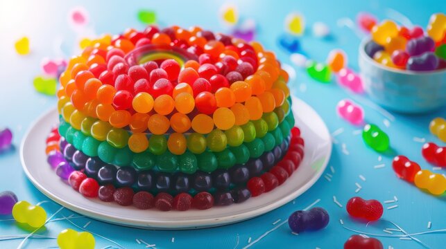 playful jellybean cake with a rainbow of jellybeans on a bright blue background, vibrant and fun for birthday text