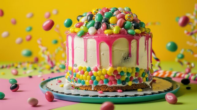 playful jelly bean cake with a cascade of candies on a bright lime background, fun and inviting for text