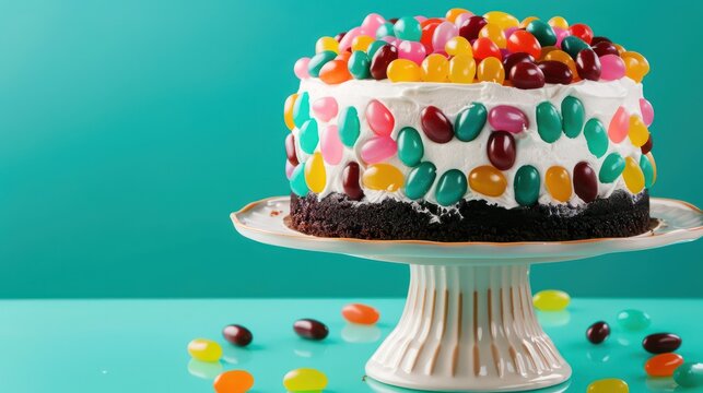 playful jelly bean cake with assorted jelly beans on a bright turquoise background, vibrant and fun for cheerful text
