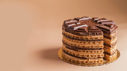 Aufkleber - playful KitKat cake with layers of wafers and chocolate on a bright beige background, fun for engaging text