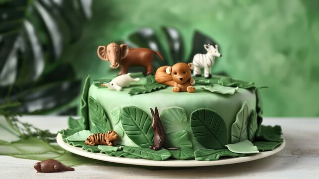 playful jungle theme cake with edible leaves and animal figures on a jungle green background, fun and inviting for adventurous text