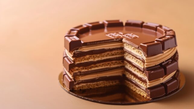 playful KitKat cake with layers of wafers and chocolate on a bright beige background, fun for engaging text