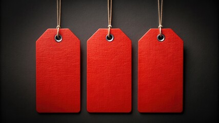 Three red tags arranged in a row on a black background, perfect for sale, discount, or promotional designs.