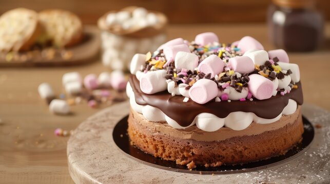 playful marshmallow and chocolate cake with marshmallow frosting on a light brown background, sweet and inviting for fun gatherings
