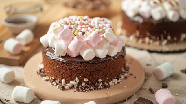 playful marshmallow and chocolate cake with marshmallow frosting on a light brown background, sweet and inviting for fun gatherings