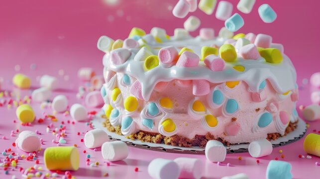 playful marshmallow cake with colorful marshmallow bits on a bright candy pink background, fun and inviting for text