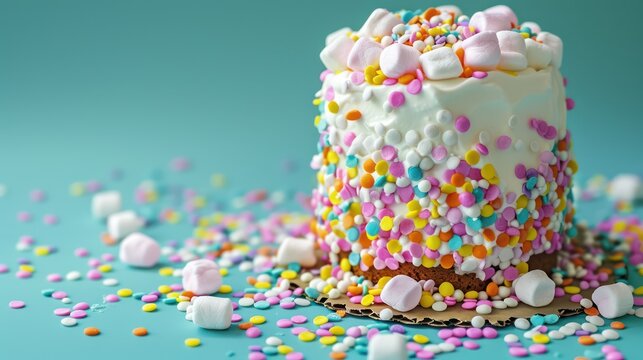 playful marshmallow fluff cake with colorful sprinkles on a bright cyan background, fun and vibrant for exciting text