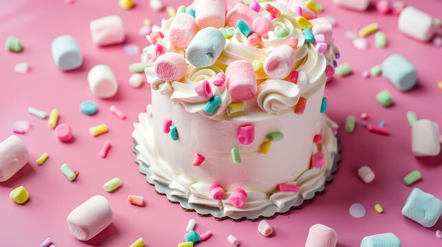 playful marshmallow cake with colorful marshmallow bits on a bright candy pink background, fun and inviting for text