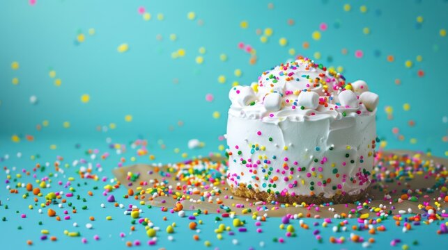 playful marshmallow fluff cake with colorful sprinkles on a bright cyan background, fun and vibrant for exciting text