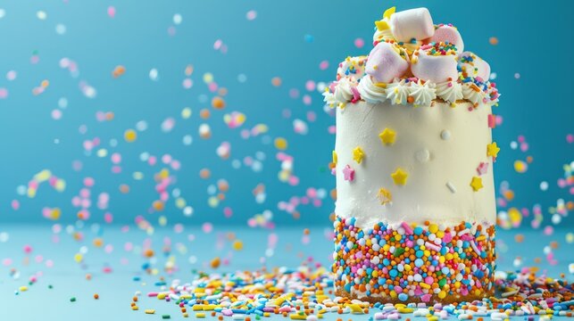 playful marshmallow fluff cake with colorful sprinkles on a bright cyan background, fun and vibrant for exciting text