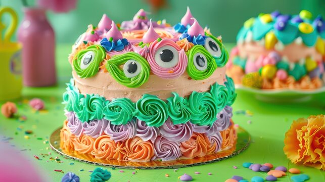 playful monster cake with colorful icing and edible eyes on a bright green background, fun and vibrant for children's parties