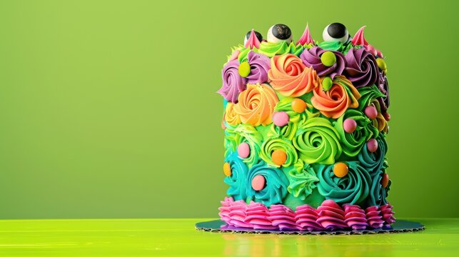 playful monster cake with colorful icing and edible eyes on a bright green background, fun and vibrant for children's parties
