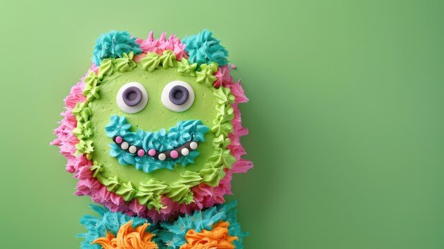 playful monster cake with colorful icing and edible eyes on a bright green background, fun and vibrant for children's parties