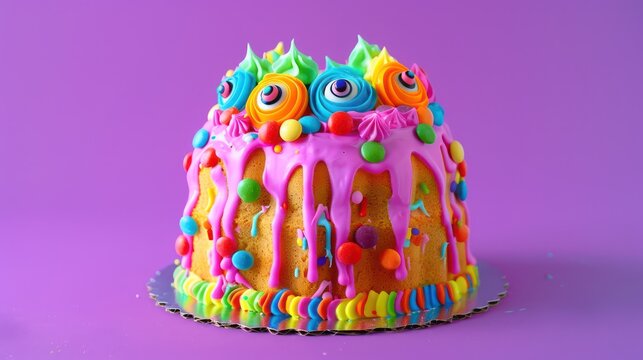 playful monster cake with colorful icing and candy eyes on a bright purple background, vibrant and fun for kids' parties