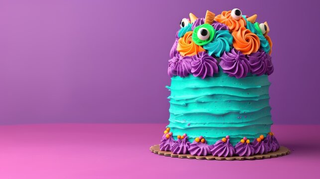 playful monster cake with colorful frosting and edible eyes on a bright purple background, fun and vibrant for kids' text