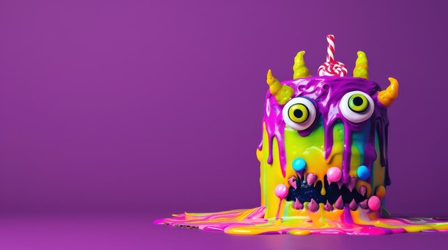 playful monster cake with colorful icing and candy eyes on a bright purple background, vibrant and fun for kids' parties