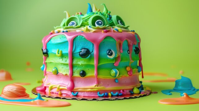 playful monster cake with colorful icing and edible eyes on a bright green background, fun and vibrant for children's parties