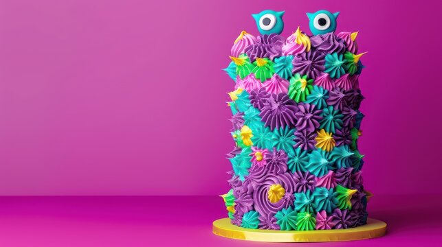playful monster cake with colorful frosting and edible eyes on a bright purple background, fun and vibrant for kids' text