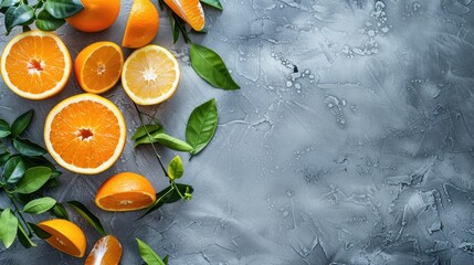 Canvas Print - Citrus fruits with leaves on gray surface Organic vegetarian winter fare Healthy detox idea with room for text